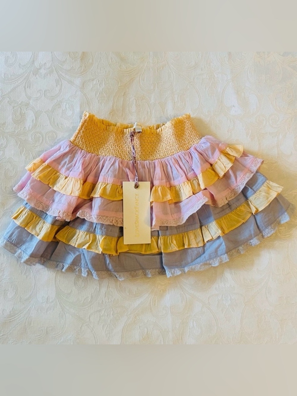 NWT LoveShackFancy 100% Cotton Girl’s Pink Yellow Bubble Mini Skirt - 4-5 Y